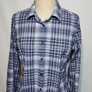Duluth Trading Co Women's Long Sleeve Lightweight Blue Plaid Button Shirt Medium